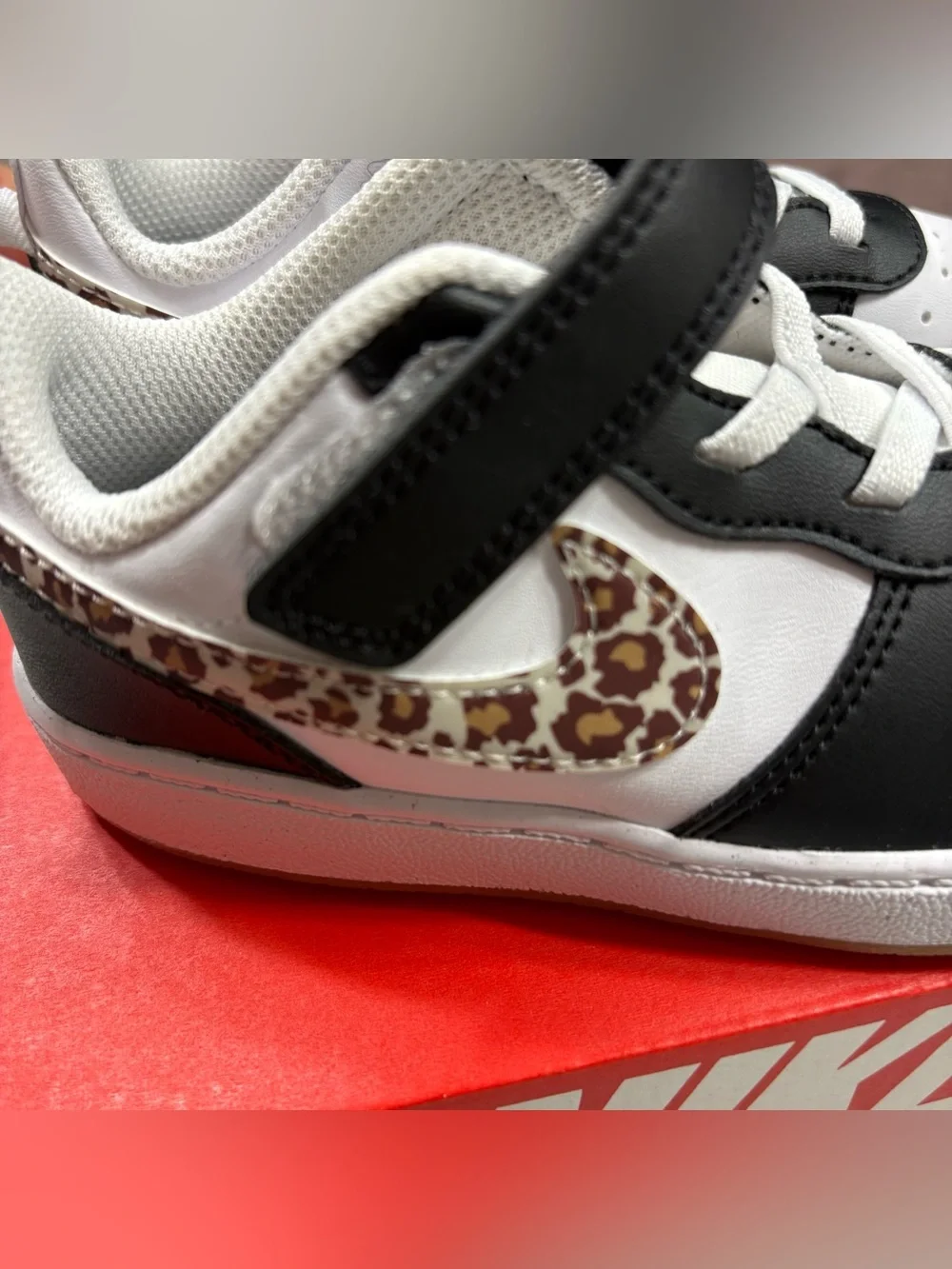 Nike Court Borough Low White Black Cheetah Toddler Little Girl Strap Shoe 10C